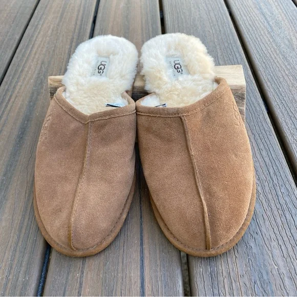 UGG Mens size 9 Chestnut Suede and Slippers with Cream Sherpa Lining - Picture 2 of 5